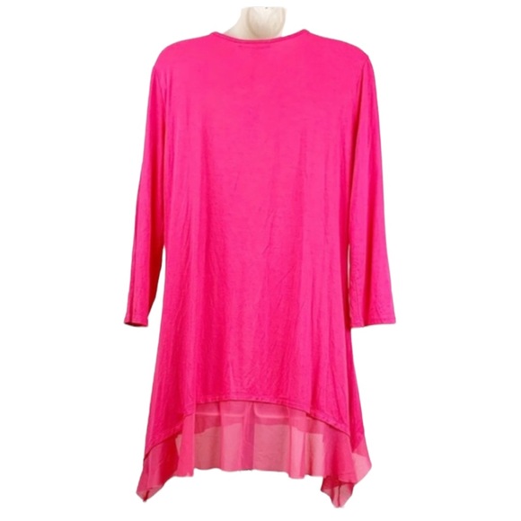 Cable & Gauge Embellished Neckline 3/4 Sleeve Azalea Pink Layered Mesh Hem Tunic - Picture 3 of 9